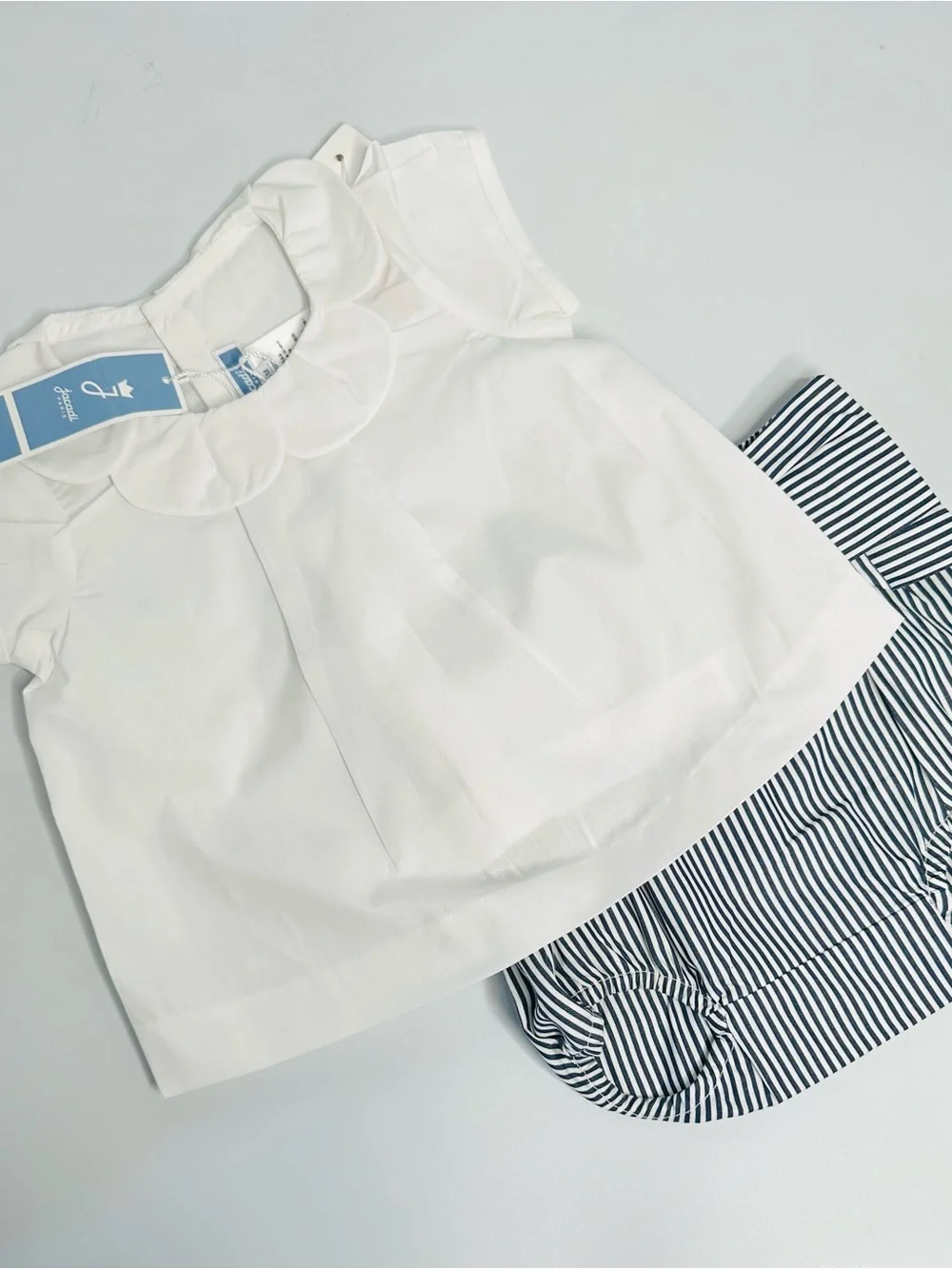 Jacadi White Peter Pan Collar Top with Navy Striped Bow Bloomer